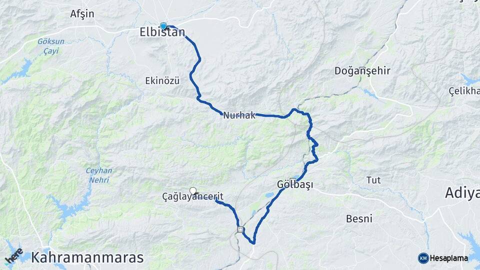 Kahramanmaraş Elbistan Çağlayancerit Arası Kaç Km - Yol Haritası
