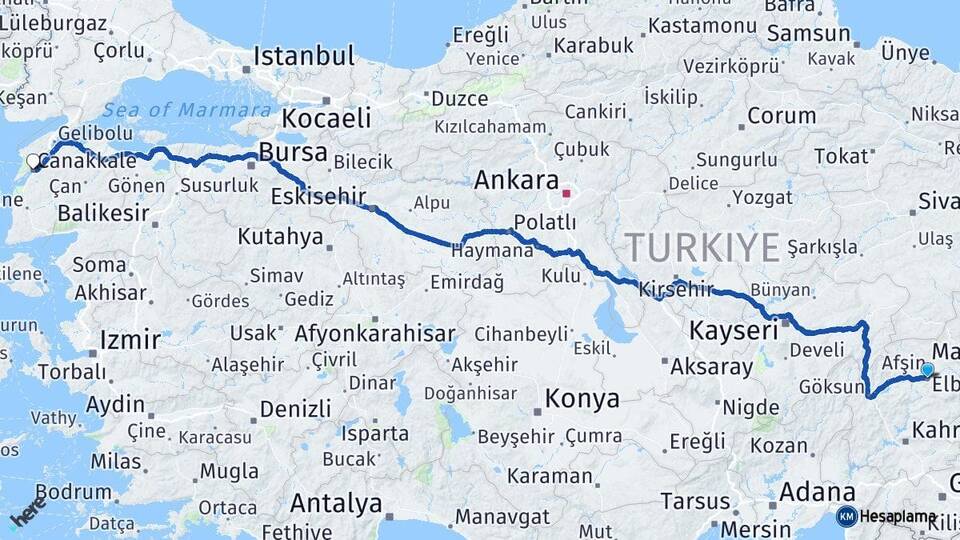 Kahramanmaraş Elbistan Çanakkale Arası Kaç Km - Yol Haritası