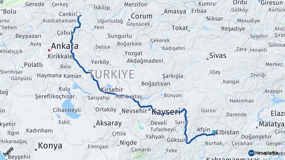 Kahramanmaraş Elbistan Çankırı Arası Kaç Km - Yol Haritası