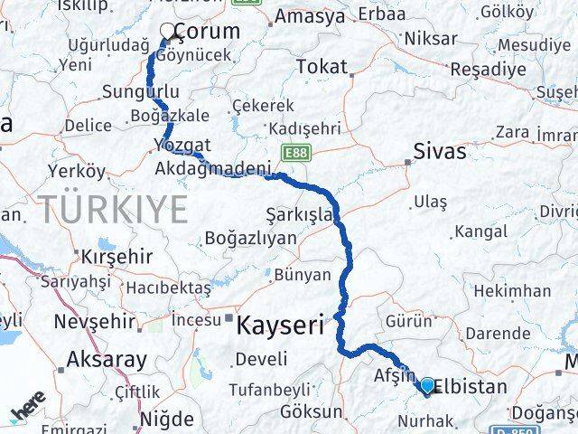 Kahramanmaraş Elbistan Çorum Arası Kaç Km - Yol Haritası