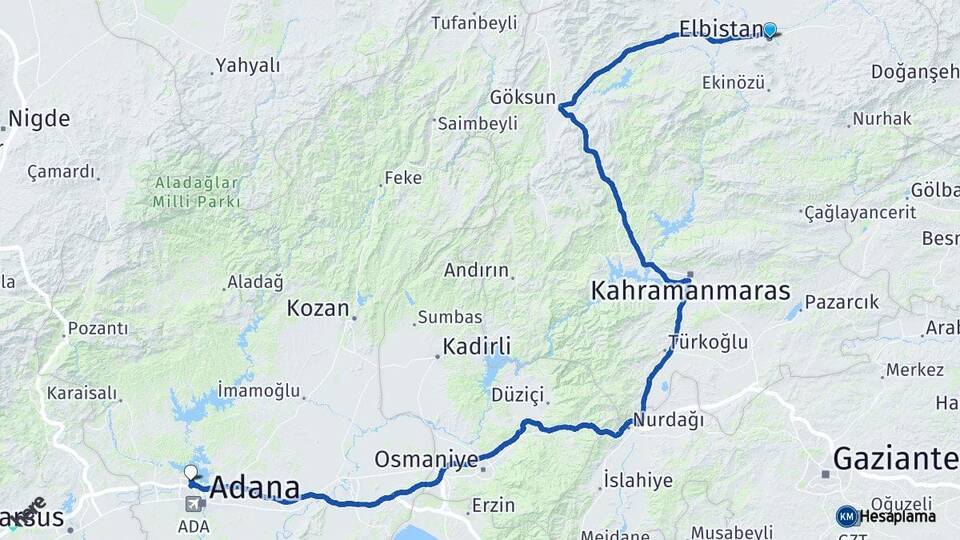 Kahramanmaraş Elbistan Çukurova Adana Arası Kaç Km - Yol Haritası