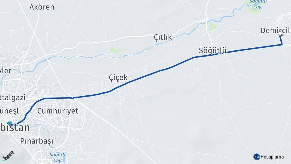 Kahramanmaraş Elbistan Demircilik Elbistan Arası Kaç Km - Yol Haritası