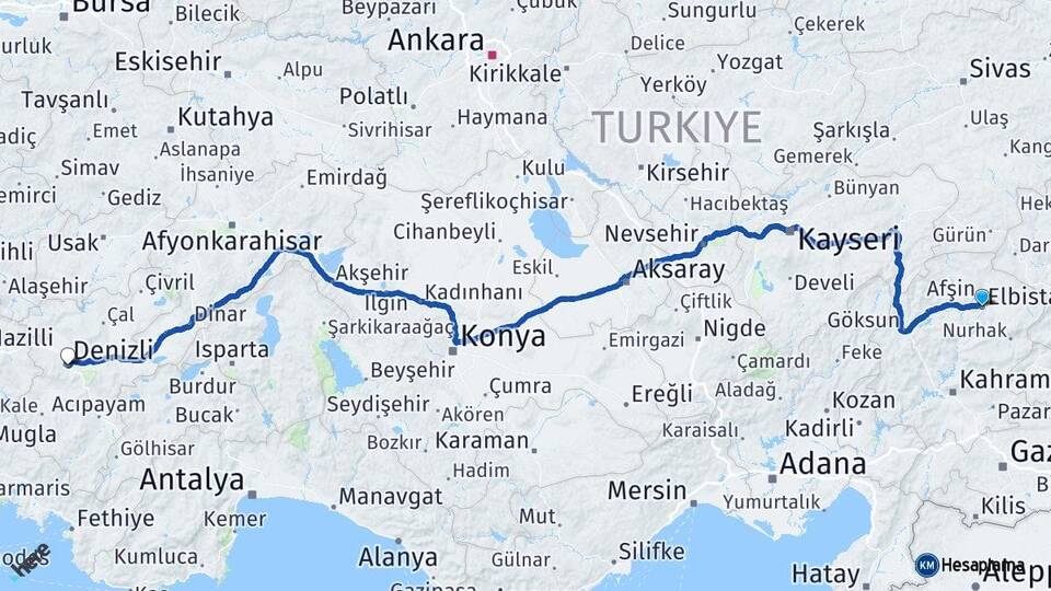 Kahramanmaraş Elbistan Denizli Arası Kaç Km - Yol Haritası