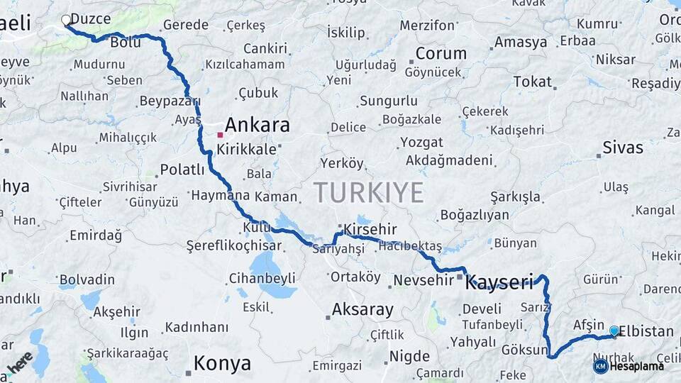 Kahramanmaraş Elbistan Düzce Arası Kaç Km - Yol Haritası