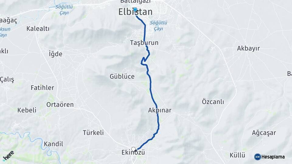 Kahramanmaraş Elbistan Ekinözü Arası Kaç Km - Yol Haritası