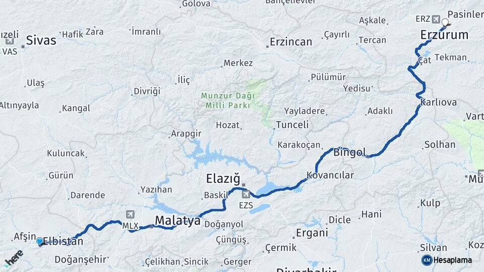 Kahramanmaraş Elbistan Erzurum Arası Kaç Km - Yol Haritası