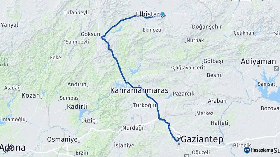 Kahramanmaraş Elbistan Gaziantep Arası Kaç Km - Yol Haritası