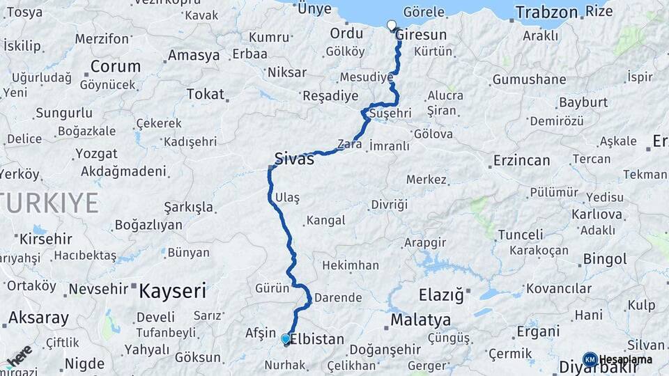 Kahramanmaraş Elbistan Giresun Arası Kaç Km - Yol Haritası