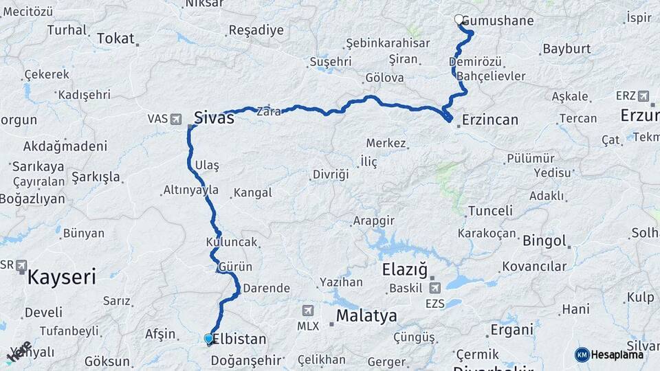Kahramanmaraş Elbistan Gümüşhane Arası Kaç Km - Yol Haritası