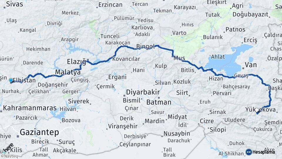 Kahramanmaraş Elbistan Hakkari Arası Kaç Km - Yol Haritası
