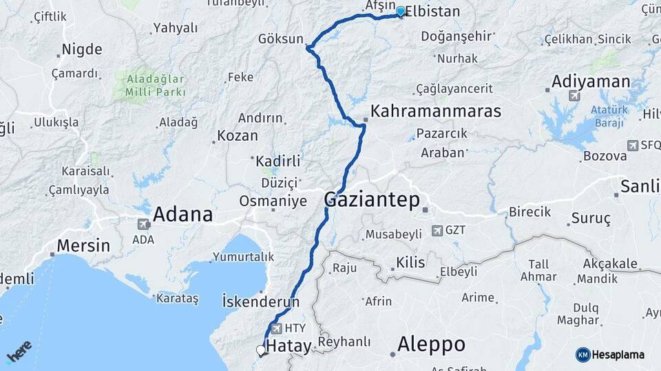 Kahramanmaraş Elbistan Hatay Arası Kaç Km - Yol Haritası