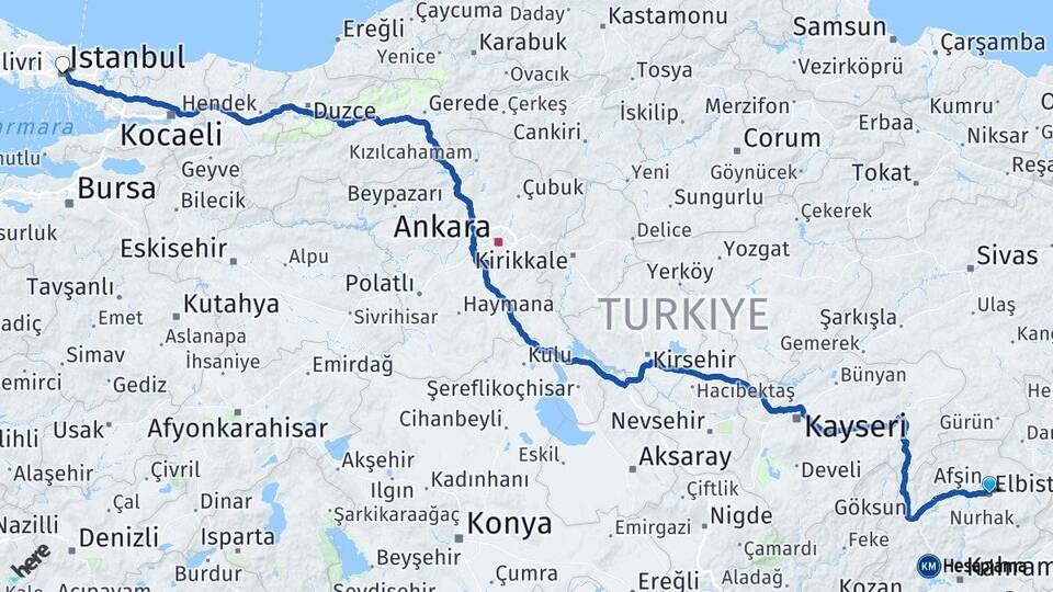 Kahramanmaraş Elbistan İstanbul Arası Kaç Km - Yol Haritası