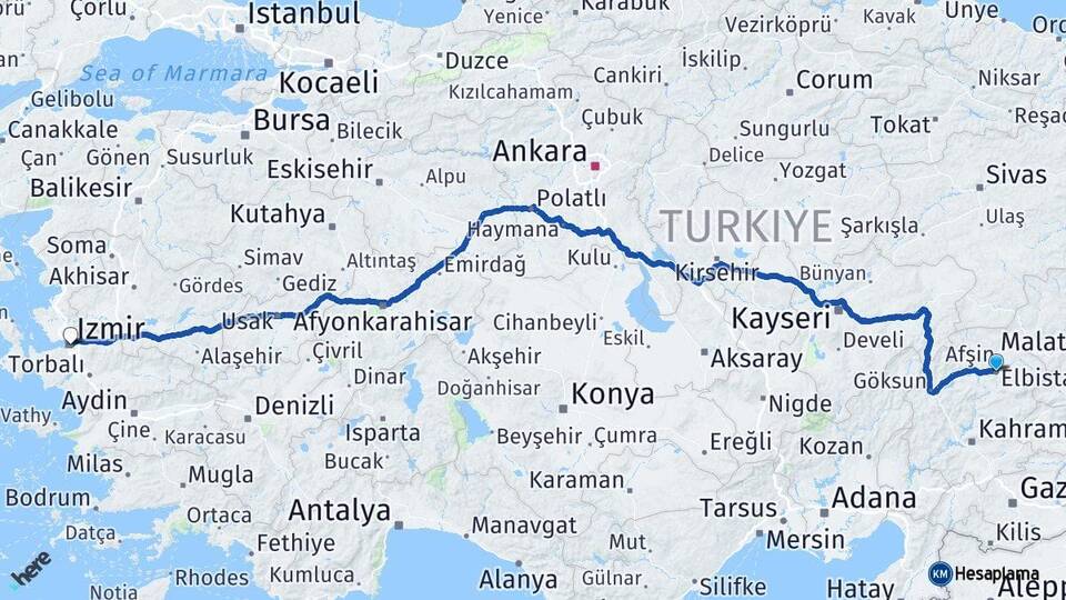 Kahramanmaraş Elbistan İzmir Arası Kaç Km - Yol Haritası
