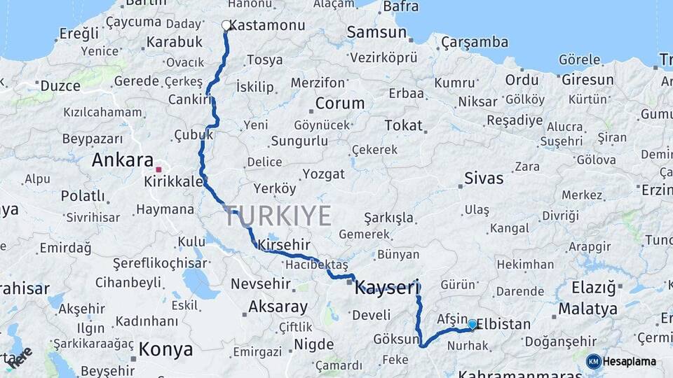 Kahramanmaraş Elbistan Kastamonu Arası Kaç Km - Yol Haritası