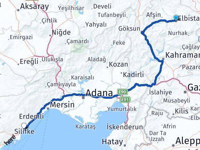 Kahramanmaraş Elbistan Kızkalesi Erdemli Mersin Arası Kaç Km - Yol Haritası