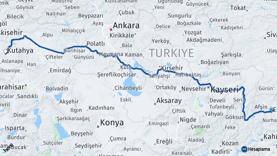 Kahramanmaraş Elbistan Kütahya Arası Kaç Km - Yol Haritası