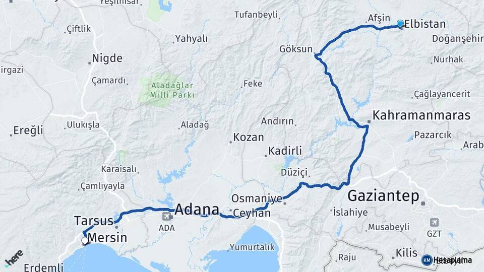 Kahramanmaraş Elbistan Mersin Arası Kaç Km - Yol Haritası