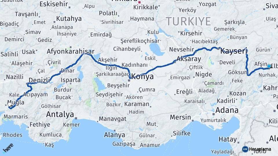 Kahramanmaraş Elbistan Muğla Arası Kaç Km - Yol Haritası
