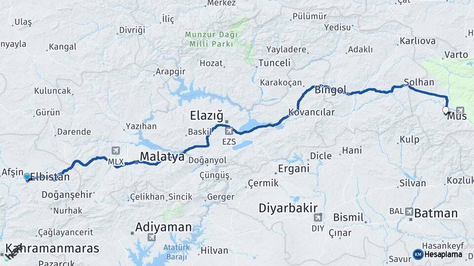 Kahramanmaraş Elbistan Muş Arası Kaç Km - Yol Haritası