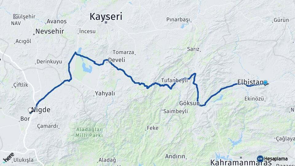 Kahramanmaraş Elbistan Niğde Arası Kaç Km - Yol Haritası