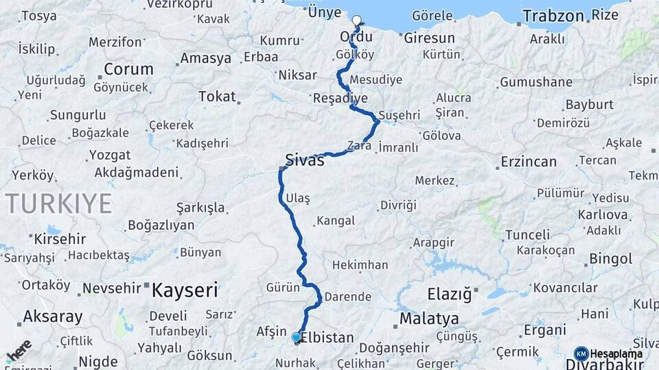 Kahramanmaraş Elbistan Ordu Arası Kaç Km - Yol Haritası