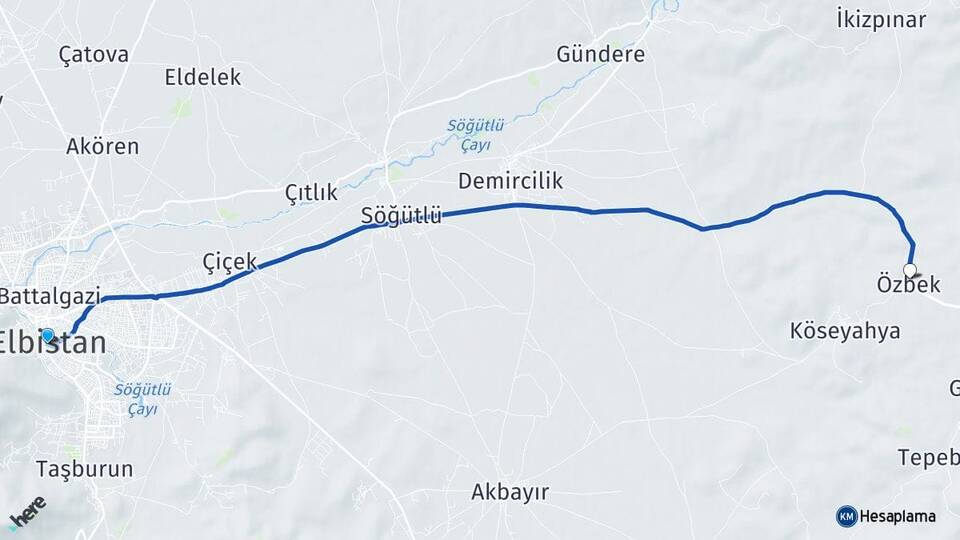 Kahramanmaraş Elbistan Özbek Elbistan Arası Kaç Km - Yol Haritası