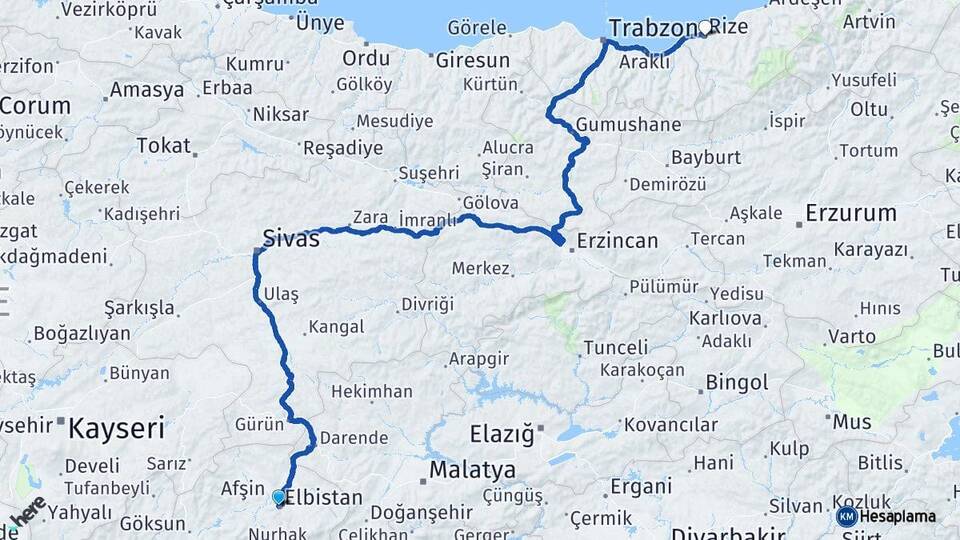 Kahramanmaraş Elbistan Rize Arası Kaç Km - Yol Haritası