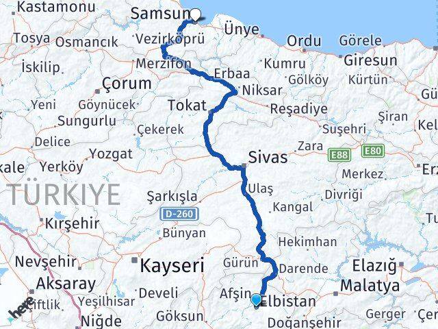 Kahramanmaraş Elbistan Samsun Arası Kaç Km - Yol Haritası