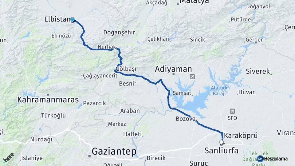 Kahramanmaraş Elbistan Şanlıurfa Arası Kaç Km - Yol Haritası
