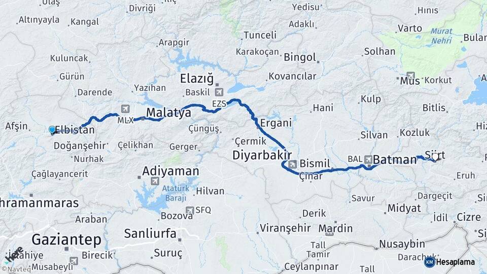 Kahramanmaraş Elbistan Siirt Arası Kaç Km - Yol Haritası