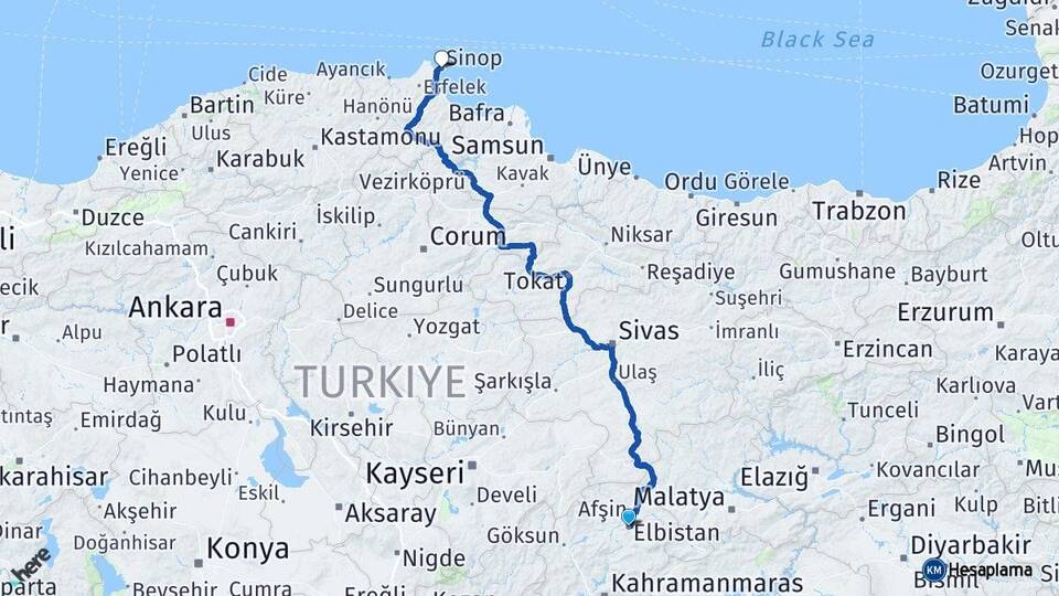 Kahramanmaraş Elbistan Sinop Arası Kaç Km - Yol Haritası
