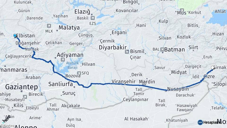 Kahramanmaraş Elbistan Şırnak Arası Kaç Km - Yol Haritası