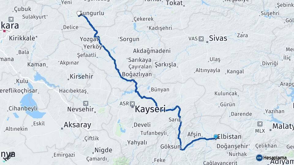 Kahramanmaraş Elbistan Sungurlu Çorum Arası Kaç Km - Yol Haritası