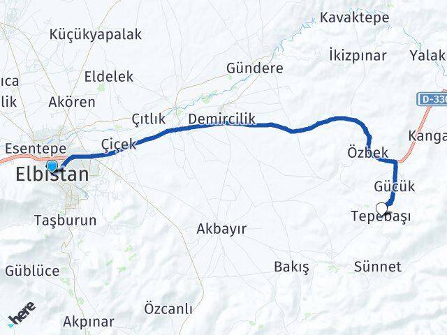 Kahramanmaraş Elbistan Tepebaşı Elbistan Arası Kaç Km - Yol Haritası
