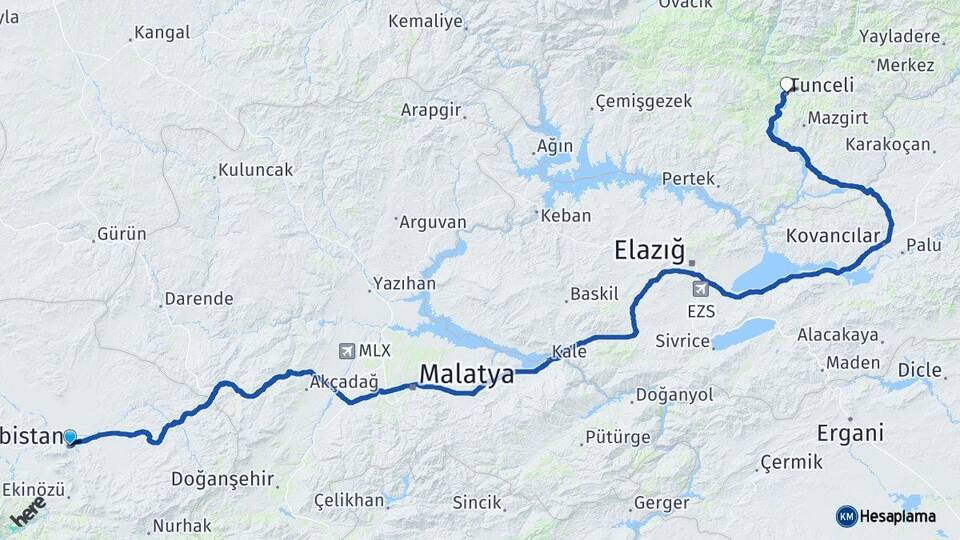 Kahramanmaraş Elbistan Tunceli Arası Kaç Km - Yol Haritası