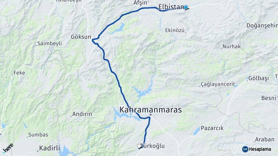 Kahramanmaraş Elbistan Türkoğlu Arası Kaç Km - Yol Haritası