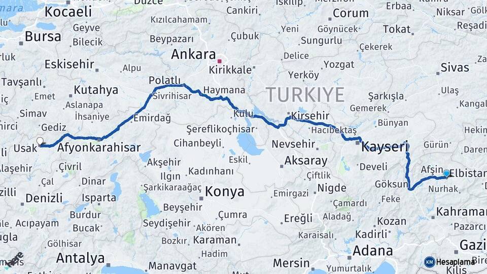 Kahramanmaraş Elbistan Uşak Arası Kaç Km - Yol Haritası