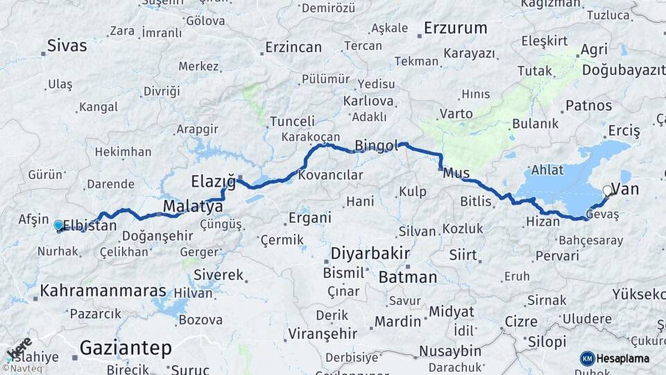 Kahramanmaraş Elbistan Van Arası Kaç Km - Yol Haritası
