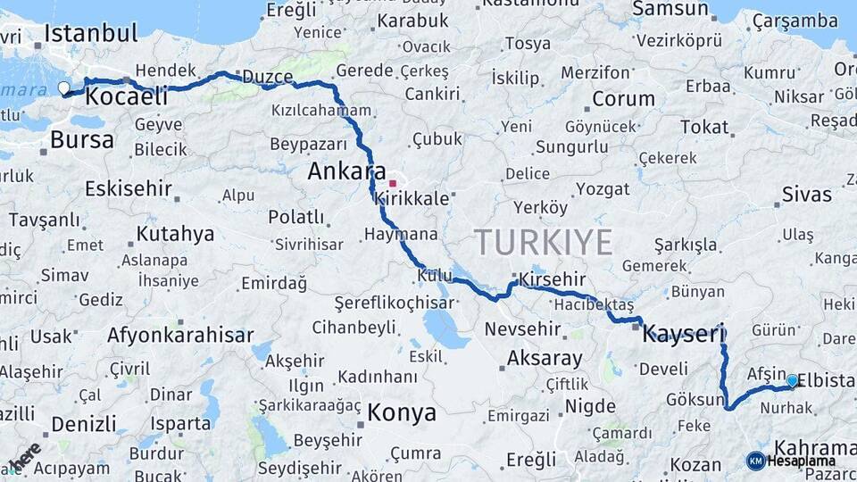 Kahramanmaraş Elbistan Yalova Arası Kaç Km - Yol Haritası