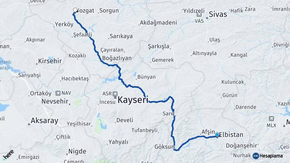 Kahramanmaraş Elbistan Yozgat Arası Kaç Km - Yol Haritası