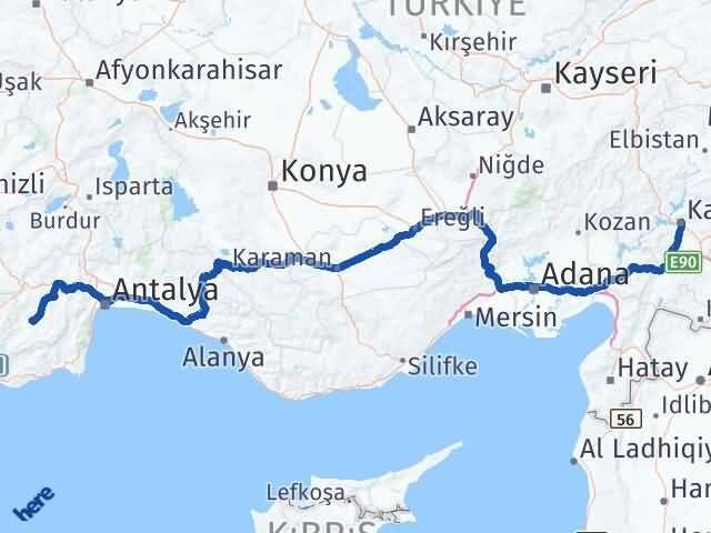 Kahramanmaraş Elmalı Antalya Arası Kaç Km - Yol Haritası