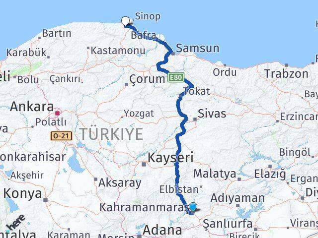 Kahramanmaraş Erfelek Sinop Arası Kaç Km - Yol Haritası