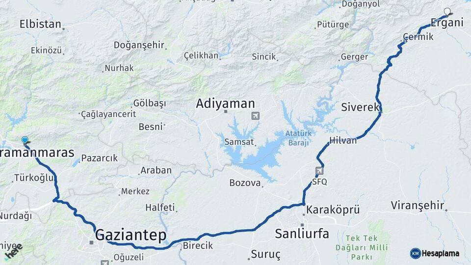 Kahramanmaraş Ergani Diyarbakır Arası Kaç Km - Yol Haritası