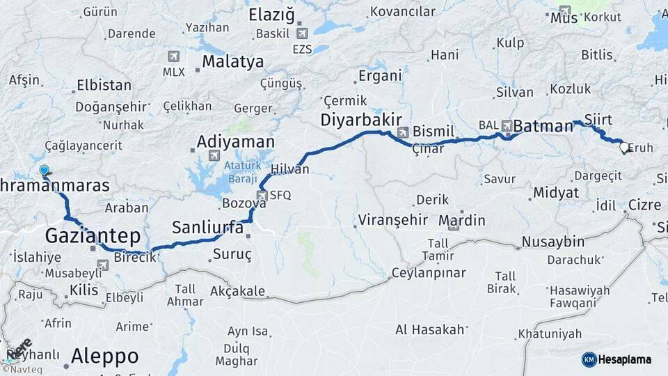 Kahramanmaraş Eruh Siirt Arası Kaç Km - Yol Haritası