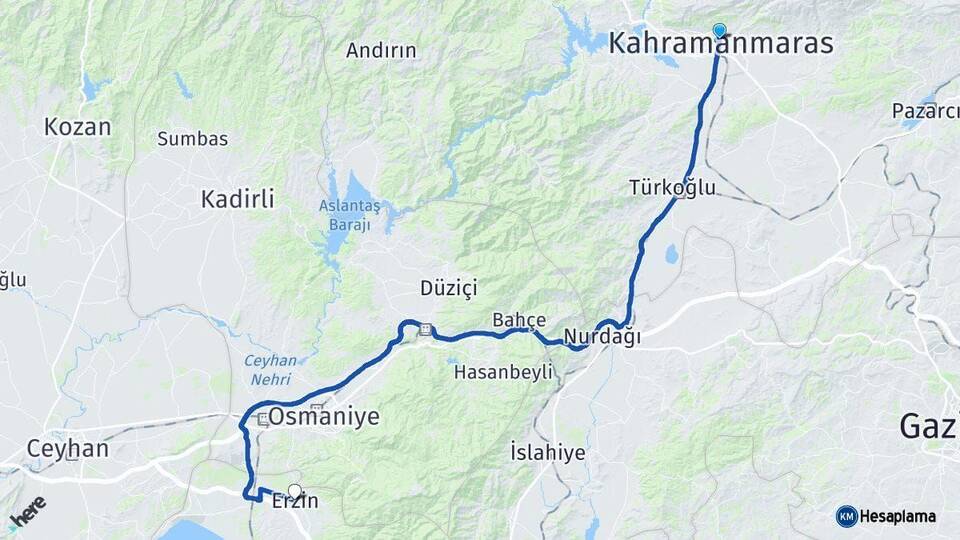 Kahramanmaraş Erzin Hatay Arası Kaç Km - Yol Haritası