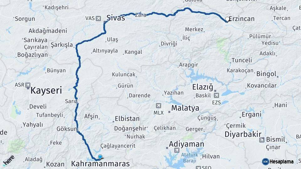 Kahramanmaraş Erzincan Arası Kaç Km - Yol Haritası