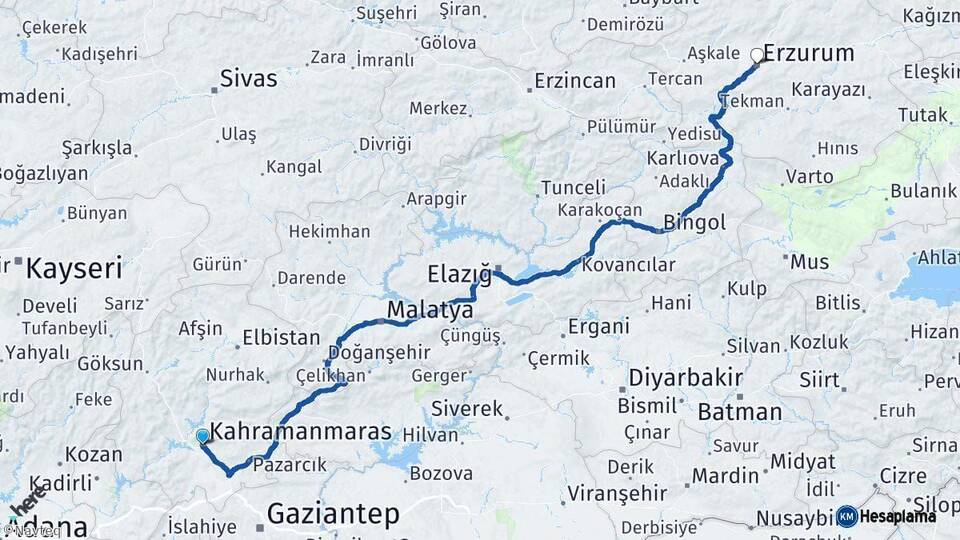 Kahramanmaraş Erzurum Arası Kaç Km - Yol Haritası