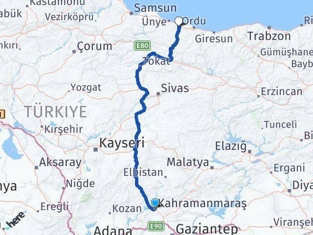 Kahramanmaraş Fatsa Ordu Arası Kaç Km - Yol Haritası
