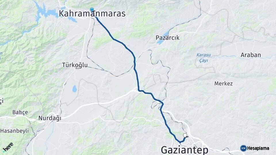Kahramanmaraş Gaziantep Arası Kaç Km - Yol Haritası