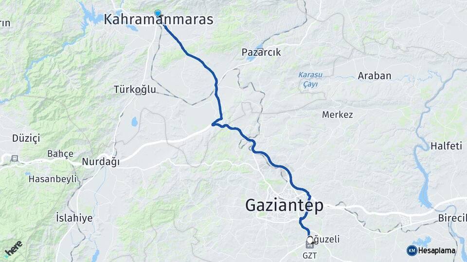 Kahramanmaraş Gaziantep Havalimanı Arası Kaç Km - Yol Haritası